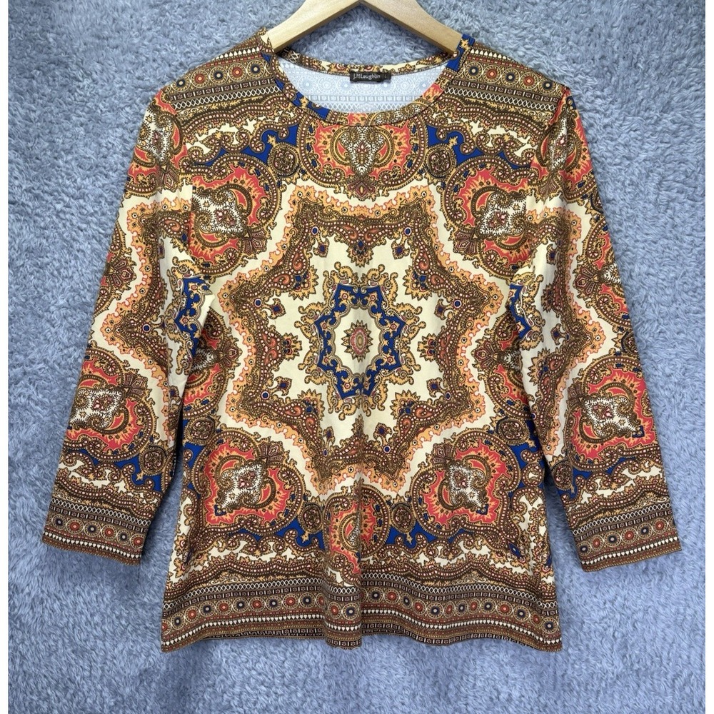 J McLaughlin Womens L Catalina Cloth Paisley Top Orange 3/4 Sleeve Stretch Boho